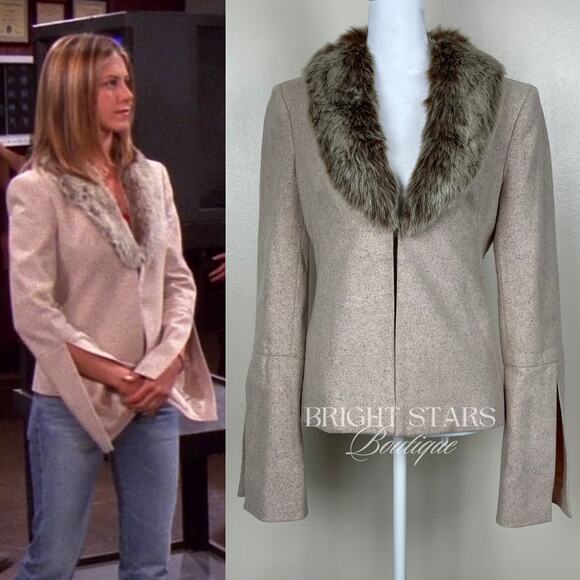 Jackets & Blazers - Vintage Rare Jacket Faux Fur Wool Collar ASO Rachel Green Friends Beige Classic